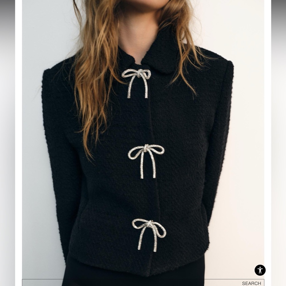 Zara Black Tweed 3-Snap Jacket with Silver Bows
